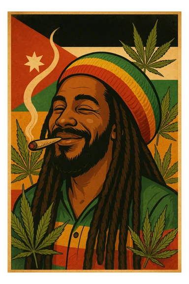 A digital vintage-style poster illustration of a Jordanian Rasta man with dreadlocks, wearing a red, yellow, green striped tam hat. He is smiling peacefully with a lit herbal spliff in his mouth. The background features the official Jordan flag — black, white, green horizontal stripes with a red triangle and a white 7-point star — accurately displayed behind him. Cannabis leaves are tastefully arranged around the composition, and the poster includes Rasta color textures blended with the Jordanian palette. Use a retro poster style with warm, slightly aged textures, bold outlines, and soft shading to evoke a soulful reggae vibe that honors both Jordanian pride and Rasta spirit. The mood is chill, powerful, and respectful sticker