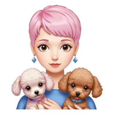 short pixie bangs platinated woman pink hair no bang，fair-skinned ,holding two poodles sticker