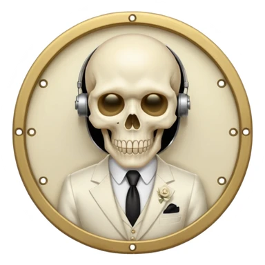 cinematic realistic - Megadeth icon - a gentleman in an ivory ethereal suit, with a skull instead of a head, and a metal plate with screws over his eyes instead of glasses sticker