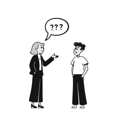A blonde woman in a black suit talking to a brown-haired man in a white t-shirt. The woman has a speech bubble above her head. The woman is talking and the man is smiling. sticker
