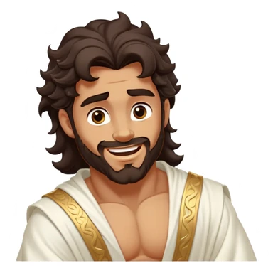 Cinematic Realistic Hercules Portrait, head tilted dramatically with an exaggeratedly amused expression, featuring expressive eyes and a hint of a roguish smile. His bronze, marble-like skin and thick, wavy dark hair, rendered with classical artistry, complement his flowing white robe adorned with delicate golden accents, all brought to life with dynamic natural lighting that captures a rare, playful moment from an enduring legend. sticker