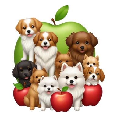 Multiple dogs piling on top of an Apple logo sticker