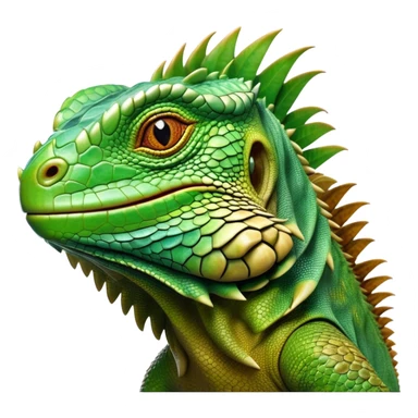 Cinematic Realistic Noble Iguana Portrait Emoji, Poised and commanding, with a robust, elongated body covered in intricately detailed, rough scales in vibrant shades of green with earthy brown accents, and a sharply defined head with piercing amber eyes, rendered with lifelike texture and natural light that accentuates every scale, high shine, intelligent and formidable, styled with an air of tropical authority, focused and attentive, soft glowing outline, capturing the essence of a watchful and confident iguana that appears ready to bask in the sun with effortless grace! sticker
