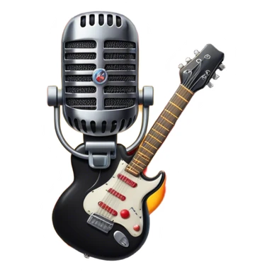 Create a bold and dynamic emoji representing rock vocal performance in a humanless collage. The design should feature a vintage microphone at the center, surrounded by key rock elements like an electric guitar, drumsticks, and a guitar pick. Include symbols of energy, such as lightning bolts or flames, and subtle musical notes or sound waves to evoke the raw power of rock vocals. Use dark, bold colors like black, silver, and red, with hints of chrome or metallic accents to convey the edgy, rebellious spirit of rock music. The background should be transparent. sticker