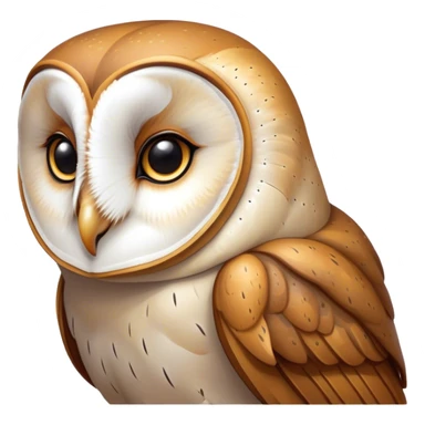 Cinematic Noble Barn Owl Portrait Emoji, Poised and regal, with a slender, graceful build and a striking mottled plumage of whites and browns, deep-set soulful amber eyes, Simplified yet sharp and sophisticated features, highly detailed, glowing with a soft, dignified glow, high shine, intelligent and mysterious, stylized with an air of nocturnal wisdom, focused and attentive, soft glowing outline, capturing the essence of a watchful and confident fowl, so majestic it feels as though it could silently glide out of the screen with effortless authority! sticker