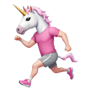 friendly anthropomorphised male white unicorn with a stocky, strong build, white arms and legs, wearing grey shorts and pink t-shirt, dark sunglasses, jogging upright in a relaxed pose sticker