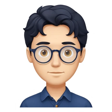 Upper body only of young caucasian man with longer wavy black hair, round glasses, wearing comfortable dark blue buttoned shirt sticker