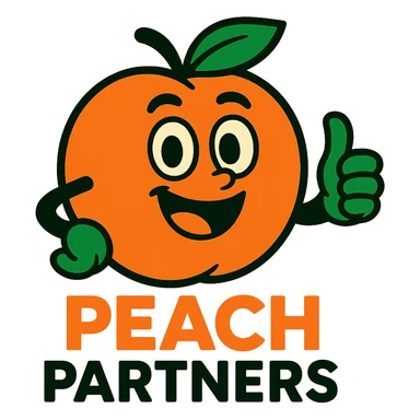 friendly peach mascot for 'Peach Partners' logo, vibrant colors, cheerful expression, peach giving a thumbs up sticker