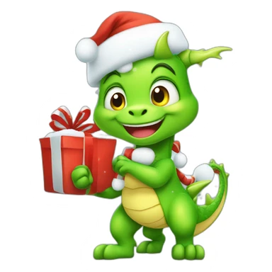happy little green cartoon dragon of child, in winter, in work pants, in work clothes, in winter boots, in a Santa Claus hat, New Year, with presents sticker