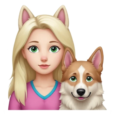 White European young woman with blue-green eyes and long blond hair with her white German Shepherd dog,the Dog has a pink nose and short fur  and Brown eyes sticker