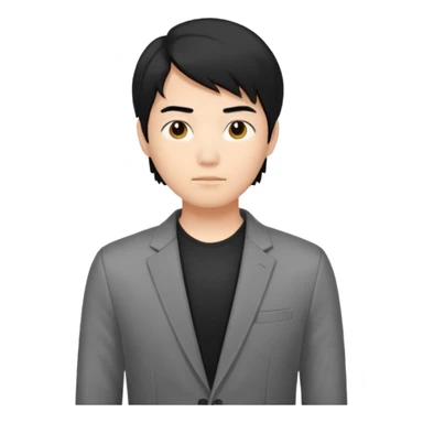 asian young man with mid-long black hair middle part haircut in grey blazer and black t-shirt  sticker