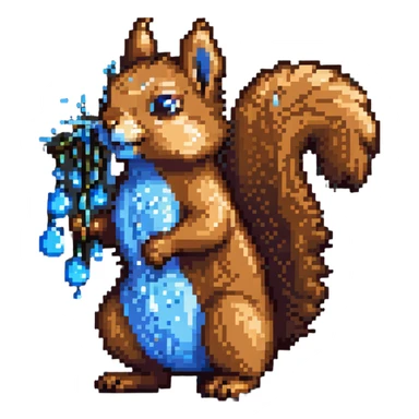 Pixel art squirrel with distinct brown fur, bushy tail, and obvious blue drool dripping from mouth in multiple pixel droplets sticker