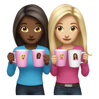 Two sister one is blondie one is brunette and they hold blue and pink coffee mugs sticker