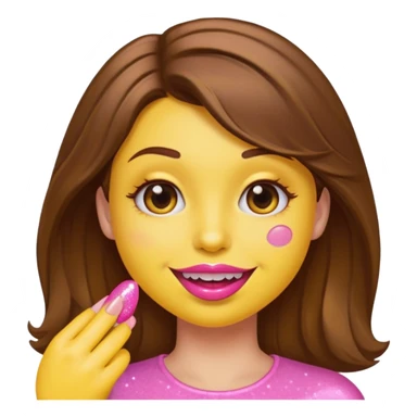 Yellow emoji with brown hair and feminine that is seductively, biting pink acrylic nail with pink sparkly lip gloss smirking with a dimple on the right sticker
