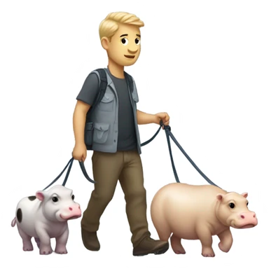 Man walking a bunch of moo dangs the Pygmy hippo by leash sticker
