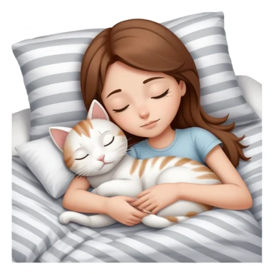 side view brown haired teenage girl sleeping with white cat that has grey stripes on a white pillow with white sheets sticker