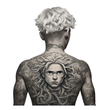 Inked white Boy with back piece tattoo of Medusa  sticker