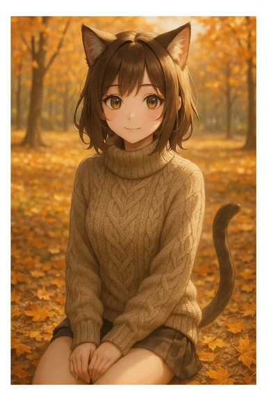 realistic anime catgirl in a cozy sweater, autumn park background, warm lighting sticker