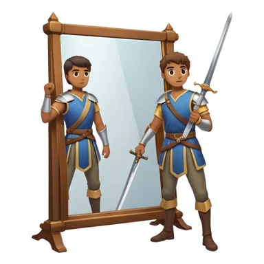 A person standing in front of a mirror, looking at their own reflection, while a sword lies on the ground beside them. The mirror represents self-awareness and acceptance, while the sword symbolizes letting go of the fight against happiness. sticker