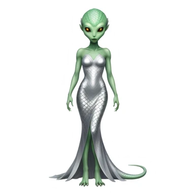 alien reptilian woman light green skin in silver dress, full body sticker