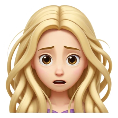 Cinematic Funny Rapunzel Portrait Emoji, Looking exhausted while tangled in her own hair, a dramatic sigh, eyes rolling with humorous exasperation, a hilariously relatable moment for the long-haired princess! sticker