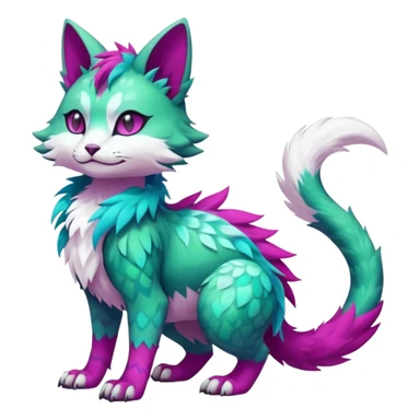 Kawaii colorful iridescent green-turquoise and magenta and white beautiful pretty elegant divine edgy fantasy feline-vernid-sergal-Fakémon-Pokémon-fursona-animal-creature with accessories, full body, with intricate detailed markings sticker