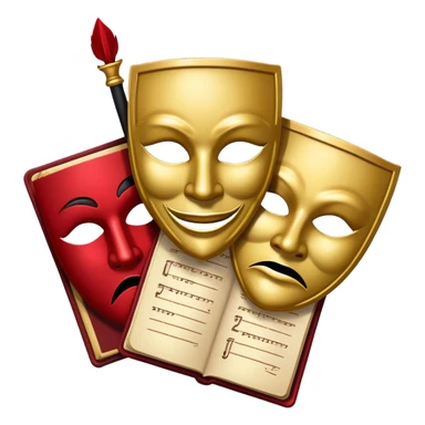 Create a bold and dramatic emoji representing the art of playwriting. The design should feature an open script or a theater playbook, with stylized text lines or dramatic dialogue inside. Include elements like a theatrical comedy and tragedy masks, a stage spotlight, or a writting quill to symbolize creativity and performance. Use deep, contrasting colors like red, black, and gold to evoke the intensity and passion of drama. The overall design should feel dramatic, inspiring, and artistic. Make the background transparent. sticker