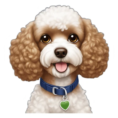 Brown toy poodle with teddy bear haircut wearing dark blue harness and all white Maltese wearing dark green harness sticker