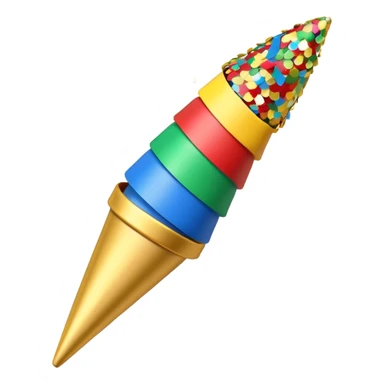 A small cone-shaped party popper tilted to the side, usually gold or yellow with diagonal stripes. It bursts open at the top, releasing colorful confetti and streamers in blue, red, yellow, or green. Represents celebrations, parties, excitement, or congratulations. sticker