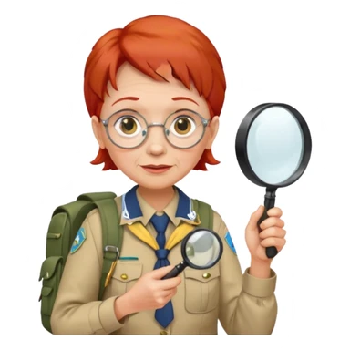 scout old woman backpack and magnifying glass, red sticker