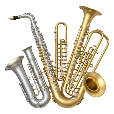 Create a professional, harmonious emoji collage symbolizing wind instruments.  The instruments should be in metallic gold, silver, and brass tones, with subtle reflections to convey a professional and polished appearance. Add soft musical notes or soundwaves to surround the instruments, creating a sense of movement and sound. The background should be transparent, ensuring all instruments are the focus and the composition remains harmonious and balanced. sticker