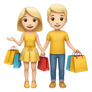 HAPPY SMILEY FACE EMOJI BOY AND GIRL WITH HANDS AND FEET WITH SHOPPING BAGS IN EACH HAND sticker
