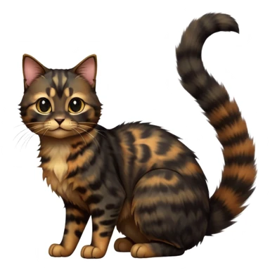 cinematic-[tortoiseshell tabby cat]-realistic-full-body-sitting-emoji,-tail-curled-playfully-around-its-paws,-head-tilted-dramatically,-scruffy-[dark black tortoiseshell coloured]-fur,-simplified-yet-realistic-focused-features,-highly-detailed,-glowing-with-an-almost-sarcastic-glow sticker