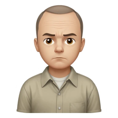 Carl from Sling Blade, serious expression, recognizable features, chin sticking out, slouching posture, no glasses, shirt with collar,  side view,show his entire body, he is standing. three-quarter face angle. He sticks his head forward sticker