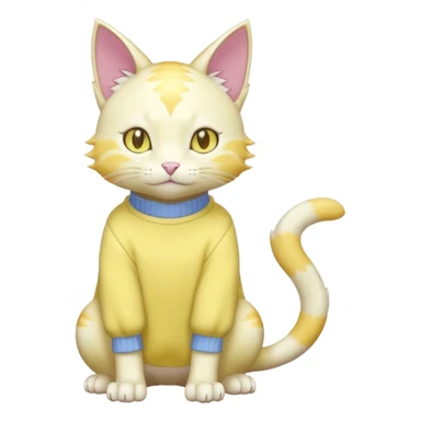 Albino shiny glossy smooth soft realistic cute pretty elegant cat-garurumon-purloin-feline-Fakemon-Digimon-creature wearing a pastel yellow sweater fursona (full body)  sticker