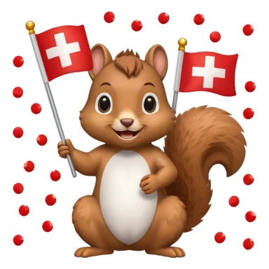 squirrel holding a Swiss flag, surrounded by confetti, emoji style sticker