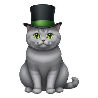 gray British Shorthair cat full body sitting with a black top hat and green eyes sticker