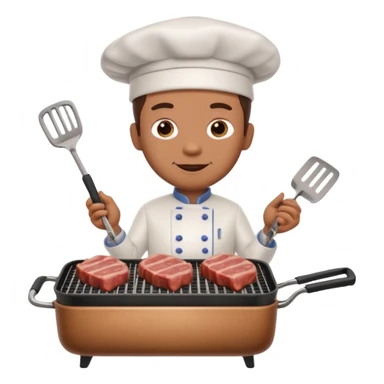 A 3D cartoon cook flipping meat on a grill with tongs, gentle smoke effect, Memoji-style lighting. sticker
