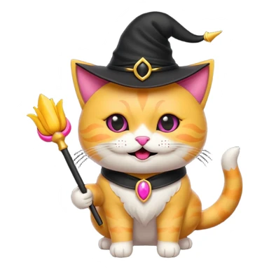 Gotito negro con ojos amarillo sonriendo feliz con los bigotes largos y disfraz de bruja de color rosa el disfraz con varita sticker