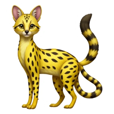 Lanky slender beautiful elegant spotted hype-realistic, black-maned, vibrant yellow Genet-Serval-Civet-fusion-hybrid-furry-fursona, full body sticker