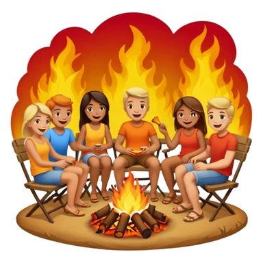 Born fire and people sitting beside born fire on chairs. Born fire is in the centre sticker