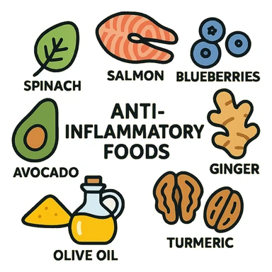 simple infographic with main anti-inflammatory foods arranged in a circle: salmon, blueberries, spinach, walnuts, olive oil, turmeric, ginger, avocado, with brief descriptions, modern style, white background sticker
