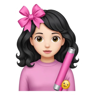 Girl with black wavy not so long hair and a ribbon hair clip make it look like wearing a pink tube sticker