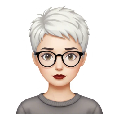 White woman with messy short pixie white hair, dark brows, glasses sticker