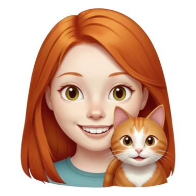 traditional emoji of young girl with very pale skin, long straight bright ginger red hair, cat-like almond-shaped eyes that are angled upward, wide flat nose, big smile with very large prominent teeth showing, classic round face sticker
