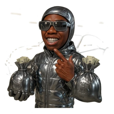 Create a character with realistic brown skin tone and natural facial features. The character has shiny chrome grills on his teeth and is wearing a full chrome suit, not just a jacket. He is also wearing bold, stylish carrier glasses. The character is holding two chrome brown money bags, each with realistic US dollar bills coming out of the top. The character is posted up in front of a car, with the background showing a parking garage similar to the reference images. The face and hands should look natural and realistic. sticker
