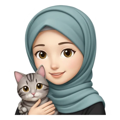 Asian white girl wearing pretty hijab holding a black grey tabby cat with smiling sticker
