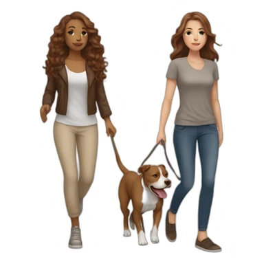 White woman with long wavy brown hair walking tan and white pitbull sticker