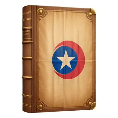 Ancient book with Puerto Rican flag on leather cover, theater curtain symbol carved in wood, warm vintage parchment textures, soft golden glow representing timelessness and theatrical heritage sticker