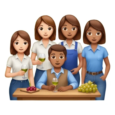 Make a photo of 5 project managers, specifically 3 girls with brown hair and 2 boys, that are making project for improvement of the winery sticker